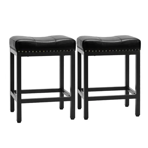 Sweet Furniture 24" Counter Stools Set of 2 - Upholstered PU Leather Cushioned Stable Saddle Footrest Stools, Metal Base for Home Bar Furniture, Kitchen Island & Modern Home Decor