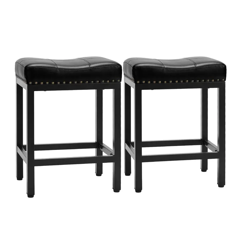 Sweet Furniture 24" Counter Stools Set of 2 - Upholstered PU Leather Cushioned Stable Saddle Footrest Stools, Metal Base for Home Bar Furniture, Kitchen Island & Modern Home Decor
