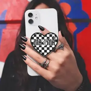 Goth Mama Phone Grip, Elder Emo Mama Checkerboard Heart MagSafe Grip, Alternative Mom Kindle & Phone Grip, Dark Aesthetic Mama Kindle Grip, sticky phone grip magnetic mount, Compact Holder Stand
