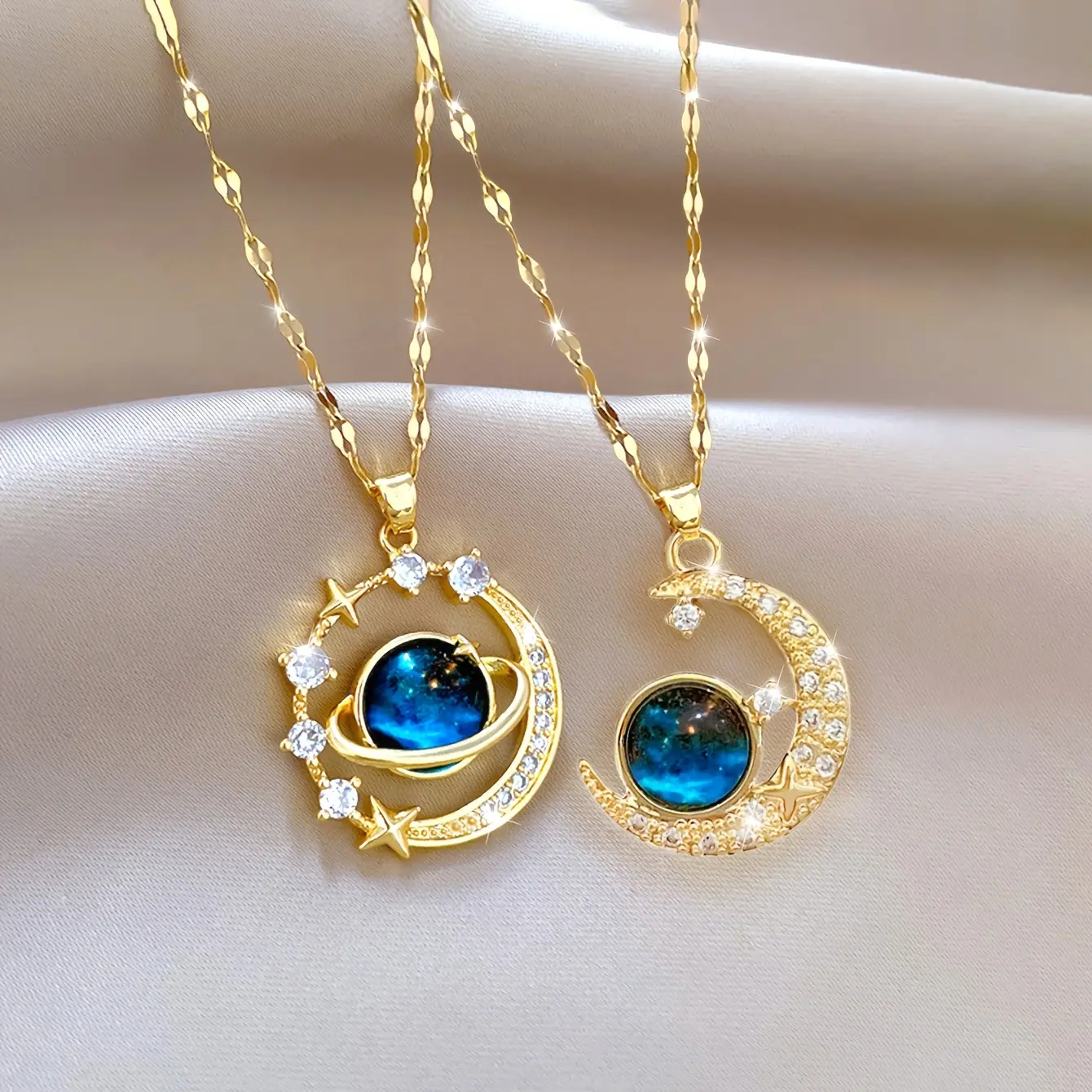 Dainty Celestial Necklace for Women, Blue Planet and Moon Motif Pendant, Shiny Astrology-Themed Jewelry for Daily Wear, Dainty Necklace