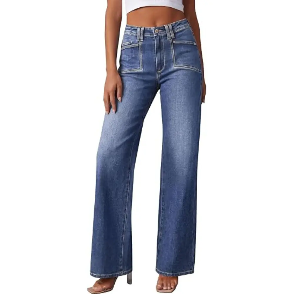 PRETTYGARDEN High Waisted Wide Leg Jeans for Women Trendy Baggy Straight Leg Stretchy Summer Denim Pants with Pockets