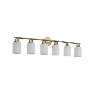 39 in Modern 6-Light Vanity Wall Sconce, Gold Finish, Linear Bar Shape, Iron + Frosted Glass, E26 Base Compatible, Bathroom Mirror Light Fixture, Hardwired, Easy Wall Mount Installation