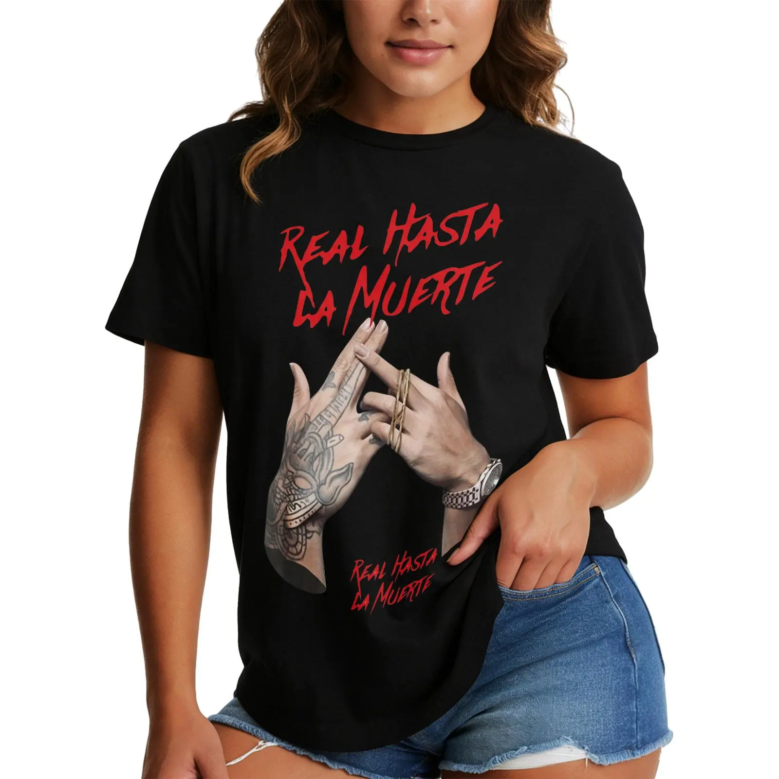 Real Hasta La Muerte Tattooed Hands Graphic T-Shirt | Authentic Latin Trap Urban Tee for Men | Premium 100% Cotton TShirt, Soft