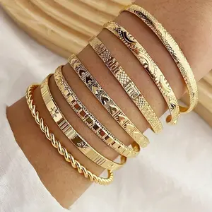 7pcs Vintage Boho Stackable Set – Adjustable Iron Cuffs with Carved Detailing, Minimalist Twisted Star Design, Text & Number Charms, Unisex Jewelry Gift, Bracelets for Women, Versatile for Everyday & Seasonal Wear (Classic Elegant Look)