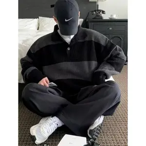 Contrast Striped Sweater Autumn Top Student Trend POLO Lapel Loose Casual Jacket Men's perfect for gifts