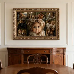 2D Flat,Custom-made vintage-patterned gold decorative painting;1 custom canvas print with 9 image collage.Ideal for modern living room, bedroom, and kitchen wall art decorations with a vintage-patterned gold frame, perfect for Christmas. fathersdaygiftide