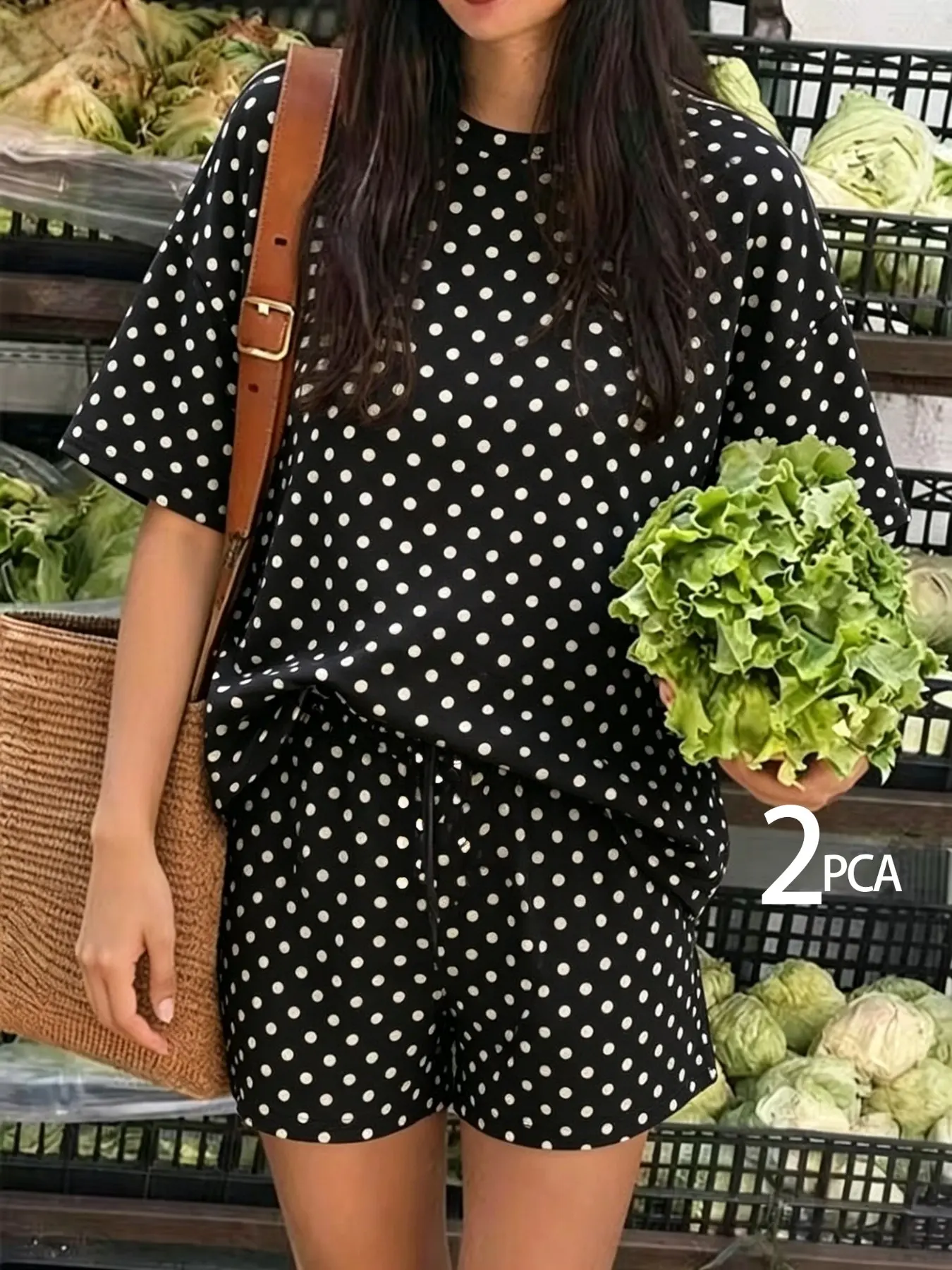 Vintage Polka Dot Casual Womenswear Two-Piece Set, Loose Fit T-Shirt + Adjustable Drawstring Shorts, Summer Essential, French Chic Style, Versatile Outfits