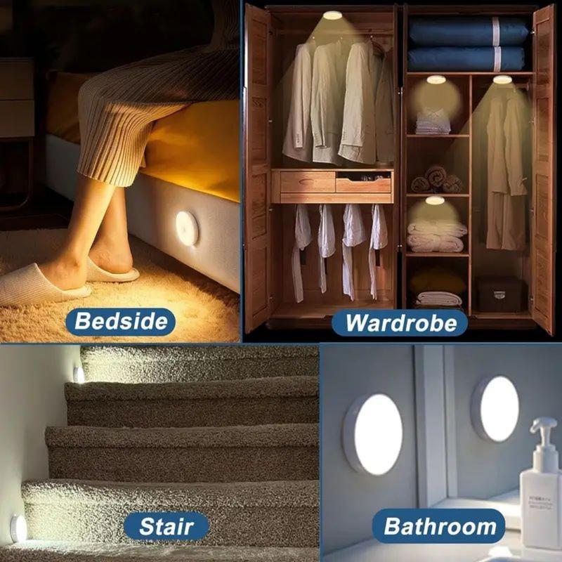 5-10 LEDs Motion Sensor Light, USB Rechargeable Round LED Light, Dimmable Night Light for Bathroom, Storage Cabinet, Stairway, Corridor & Office Space