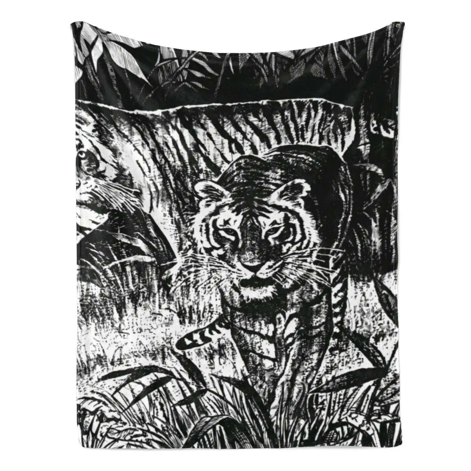 Black-and-White Colorblock Tiger Mexican Blanket - Boho, Animal Artwork, Art Graphic Vintage Woodblock Fleece All-Season Throw for Bedroom, Camping - Ideal Gift for Animal Lovers, Boho Blankets, Animal Artwork Blankets