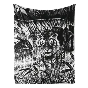 Black & White Tiger Mexican Blanket, Vintage Woodblock Style Tiger Throw, Cozy Fleece All-Season Blanket for Bedroom, Sofa, Couch, Camping, Picnic & Outdoor Use - Perfect Gift for Animal Lovers, Wild Cat Fans & Alt Decor Lovers