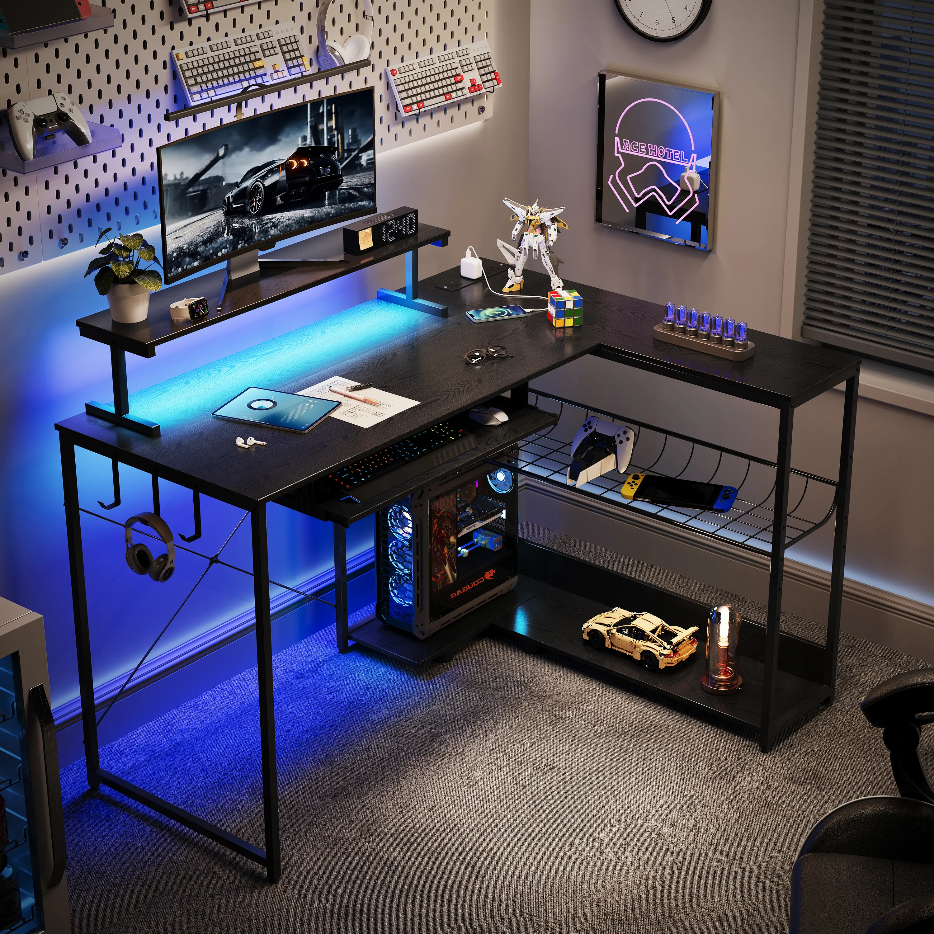 L Shaped Computer Desk, Gaming Desk with LED Light & Power Outlet, Corner Table with Keyboard Tray for Gaming, Home Office, Study (Black) fathers day gift ideas