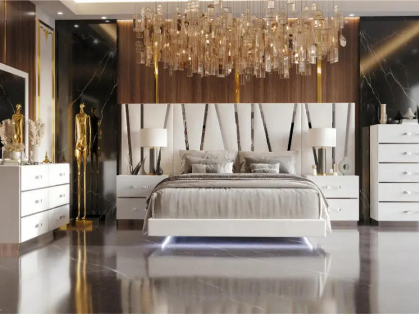 Europa 00-1840-7PC Modern White Wood & PU Leather 7-Pc Queen Complete Bedroom Set, Including Queen Bed Frame, Nightstand Set, Dresser, Mirror, Silver Accents & Underbed Lighting