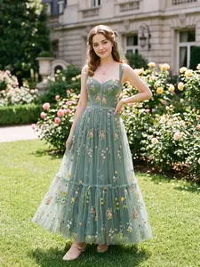 RETRO STAGE Women's 1930s Floral Mesh Boned Lace-Up Sleeveless Spaghetti Strap Casual Lady Dress,summervibes