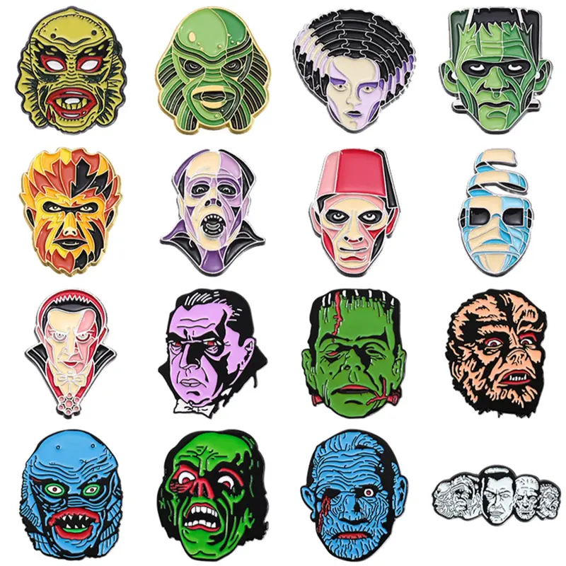 16 Pcs Horror Character Portrait Brooches, Punk Style Monster Design, Alloy Lapel Pins & Badges, Unisex Fashion Jewelry for Daily Wear, Exquisite Gifts for Friends, Fashion Clothes Accessory