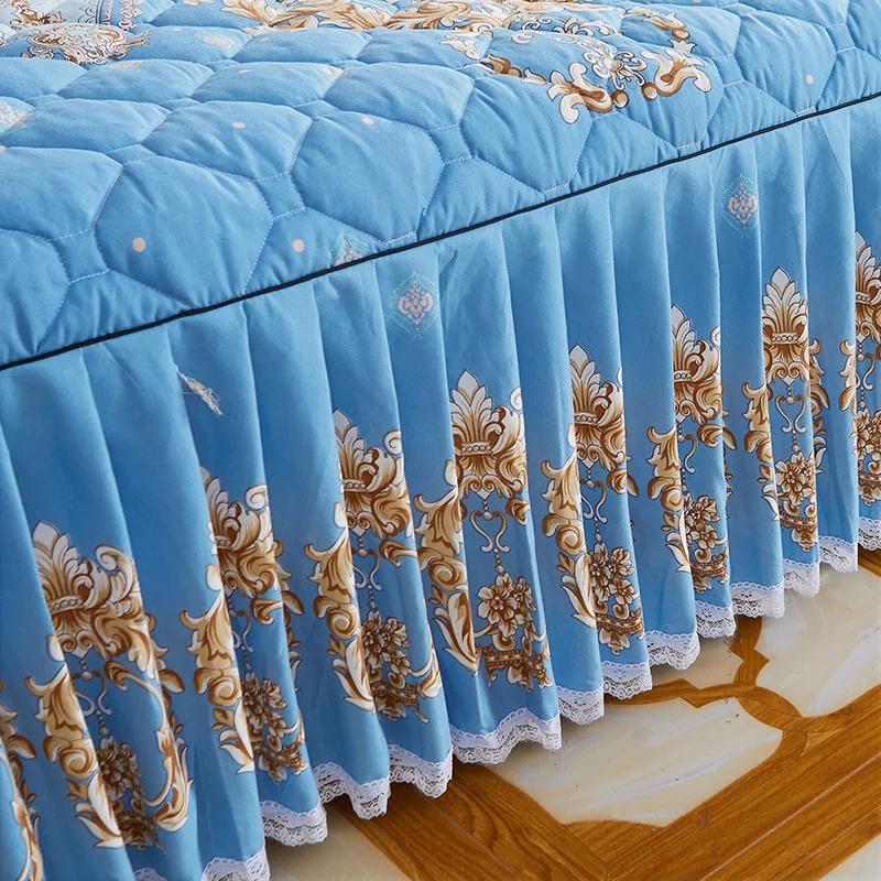 3pcs Contemporary Floral Bed Skirt Set Bedsheet King Size With 2 Pillow Skin-Friendly Double-Layer Full Wrap Anti-Slip Mattress Protector