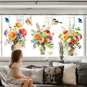 Set of 3 Pcs (30×40cm*3pcs) Spring & Summer Watercolor Flower Bouquet Static Cling Decorative Stickers Window Stickers for Bedroom & Balcony Window Decor Removable Window Decal