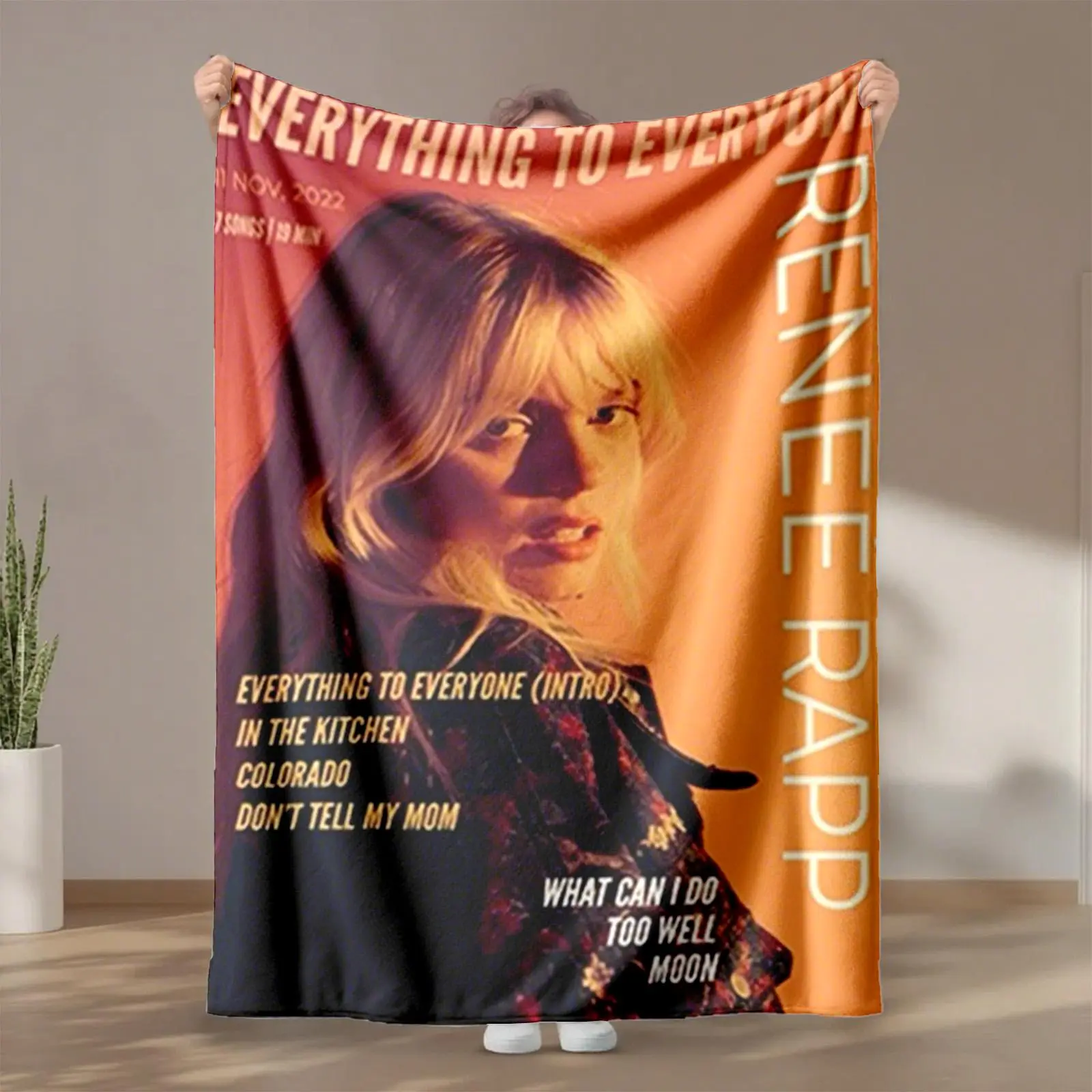 1 piece Renee Rapp's album "Everything to Everyone" themed printed flannel blanket, Soft Cozy Blanket, Oversized comfortable fluffy sofa blanket, suitable for beds and sofas, modern geometric pattern design, all-season use, digital printing