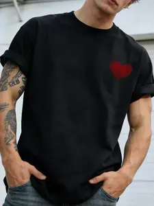 Exclusive Gift for Soulmates! Red Fingerprint Heart Silhouette Mini Print T-Shirt. Unisex Minimalist Streetwear Casual Top. Matching Outfit for Romantic Couples. Valentine's Day Gift for Your Loved One.