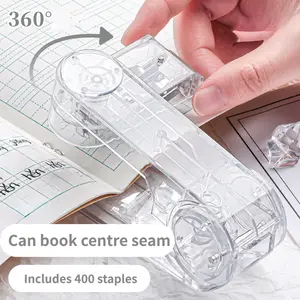 4 transparent rotatable staplers, solid colour design theme, comes with 400 staples, 360 degree rotation, simple thick, DIY office binding stapler, suitable takeout packaging home use