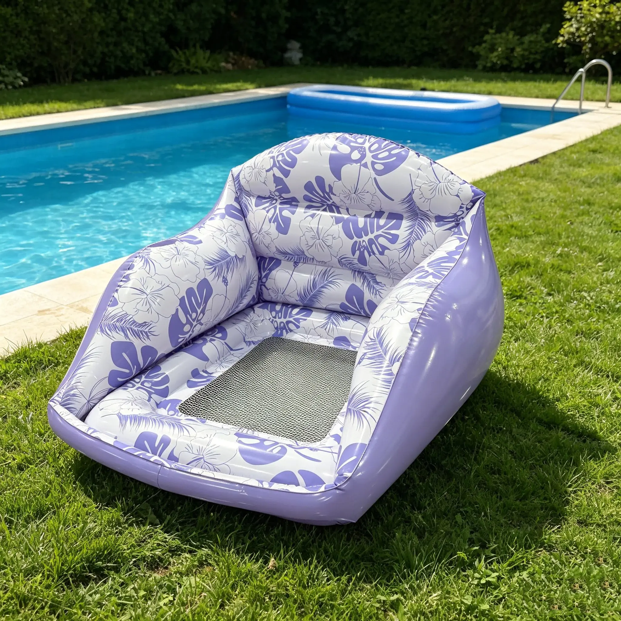 1 Pcs Dual-Use Inflatable Pool Sofa + Outdoor Lounge Chair, Pool Float Lounger, Mesh Seat Floating Chair, Pool Floats Chairs, Pool Inflatables, Tropical Print, Pool/garden Relaxation