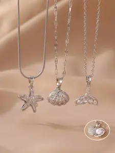 Elegant Ocean Style CZ Starfish Scallop Mermaid Tail Silver Necklace Lightweight All Season For Women Daily Wear, Sparkling Zirconia Design