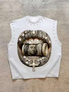 American Street Style Rhinestone Lip Bill Print Sleeveless Vest, Base with Rivet Decor, Casual Fitted Top for Daily Wear