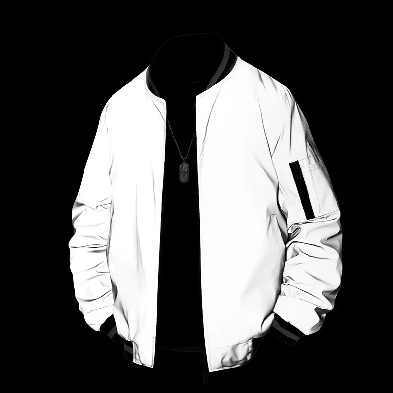 New Reflective Gray Baseball Jacket Orange Pique Lining Streetwear Coat High Street Windbreaker Loose Casual