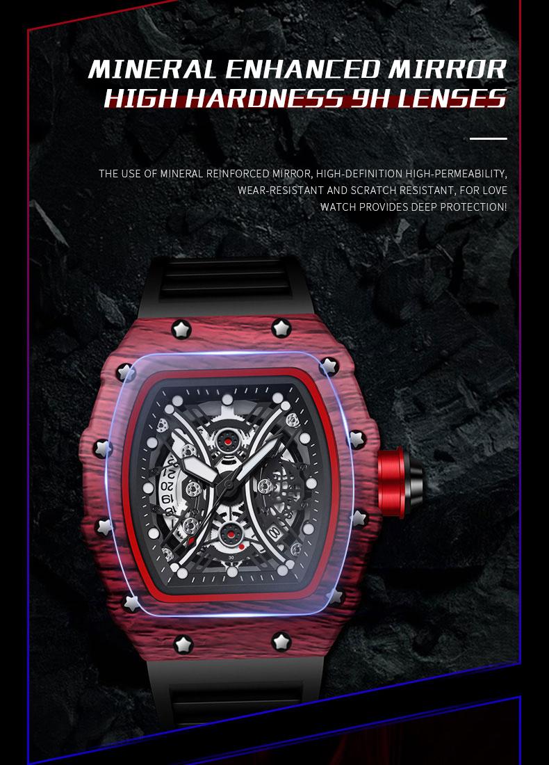 Men's Carbon Fiber Skeleton Tonneau Watch, Black Silicone Band, Sporty Quartz Wristwatch