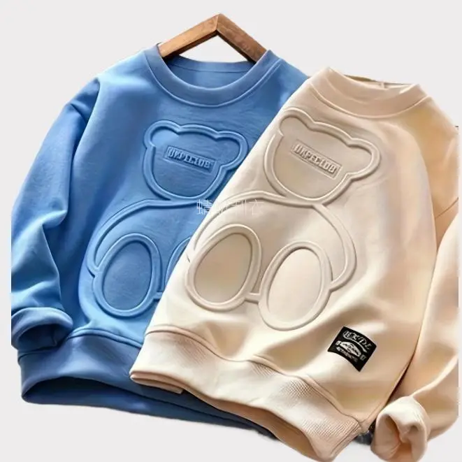 Boys' 2-Pack Polyester Long Sleeve Hoodies - 2023 Spring-Autumn New Arrivals, Cute 3D Embossing Cartoon Bear Casual Pullovers, Machine Washable Kids' Fashion Tops for 3-4y,4-5y,5-6y, Casual Crew, Pullover Length