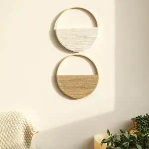 Bohemian Double Circle Wall Shelf  Handmade Cotton & Wood Macrame Decor for Plants Photos & Display