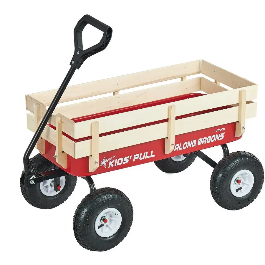 【Summerfinds】 Heavy Duty Wagon, summervibes Pull-Along Kids Wagon with 39 in Wooden Panel Handle, 330 lbs Weight Capacity, All-Terrain Utility Cart for Kids & Gardening, Red