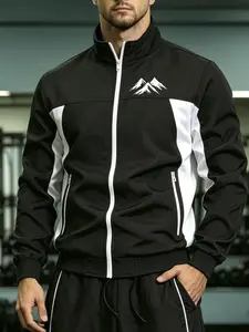 Men's Peak Print Contrast Stand Collar Jacket, Fall Winter Zipper Pocket Outdoor Sport Wind-Resistant Coat, Casual Fitness Training Top