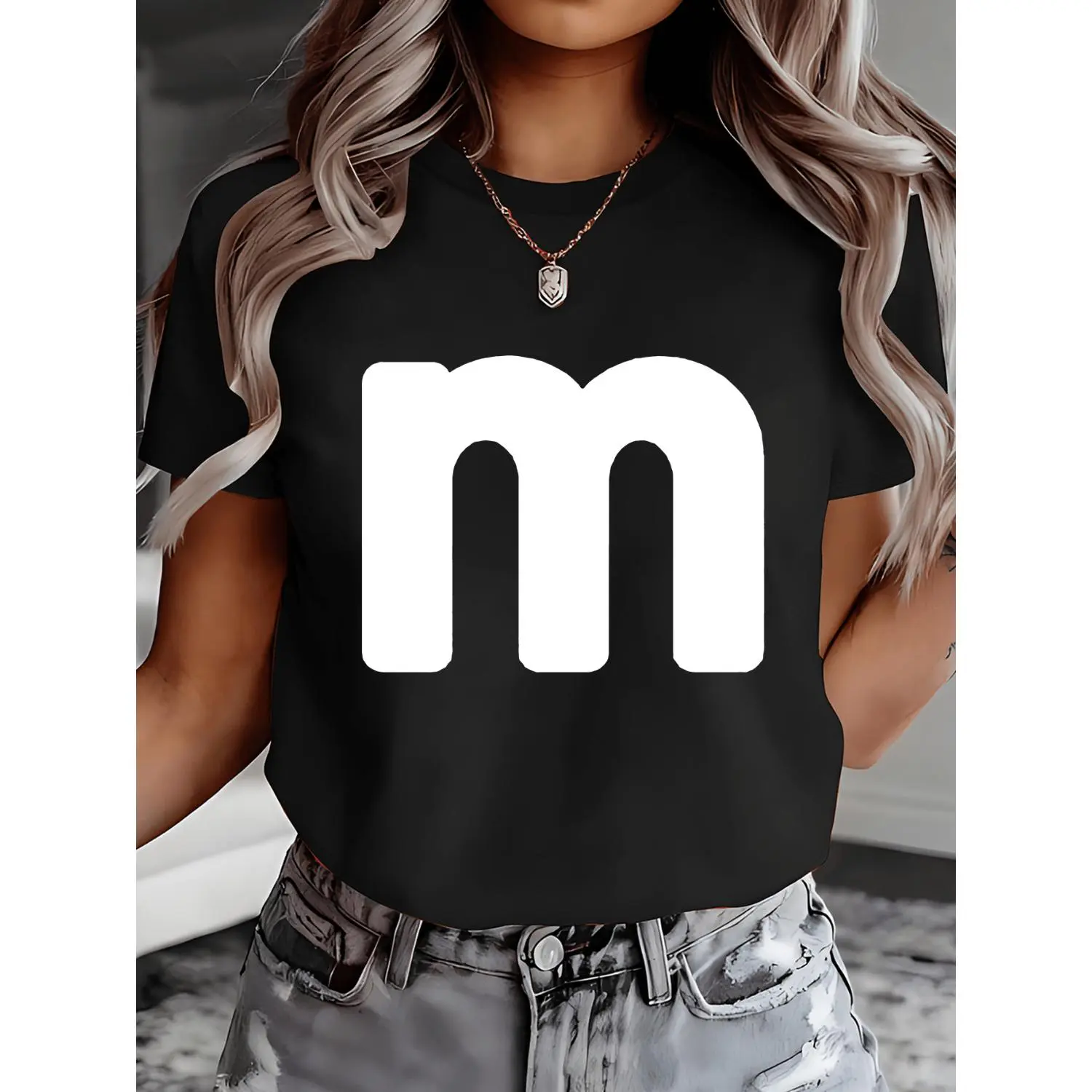 Summer t Shirts White Letter M Black and White Silhouette Pattern | Casual Round Neck Short Sleeve T-Shirt for Women, Comfortable Top, Suitable for Print Design
