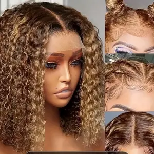 Curly Bob Wigs 13X4 Lace Front Wig Brazilian Remy Human Hair Wigs Blonde Brown Deep Wave Short Wig For Women 13x4 lace Highlight Color 4/27 10-16inch