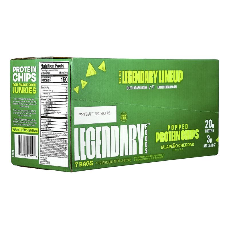 Legendary Foods Popped Protein Chips, Jalapeno Cheddar, 7 Bags, 1.2 oz (34 g) Each