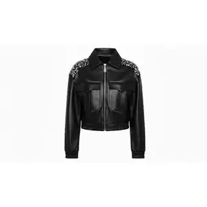 Women’s Black Sheep Leather Cropped Jacket Crystal Embellished Fashion Outerwear