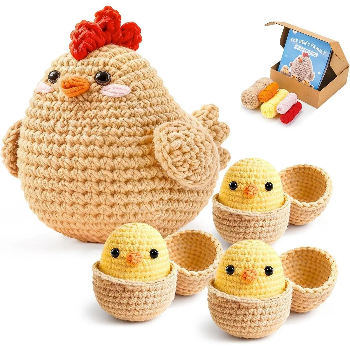 Crochet Kit for Beginners 4 Pcs Chicken Family Amigurumi Crochet Starter Kits with Step-by-Step Video Tutorials DIY Craft Gift for Adults Kitting Lovers Mother Teacher Student