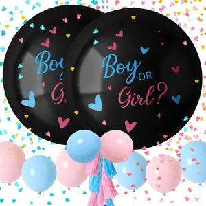 Jumbo Gender Reveal Balloon Kit, 2x 36" Black Balloons, Blue Pink, Tassels & Confetti for Party