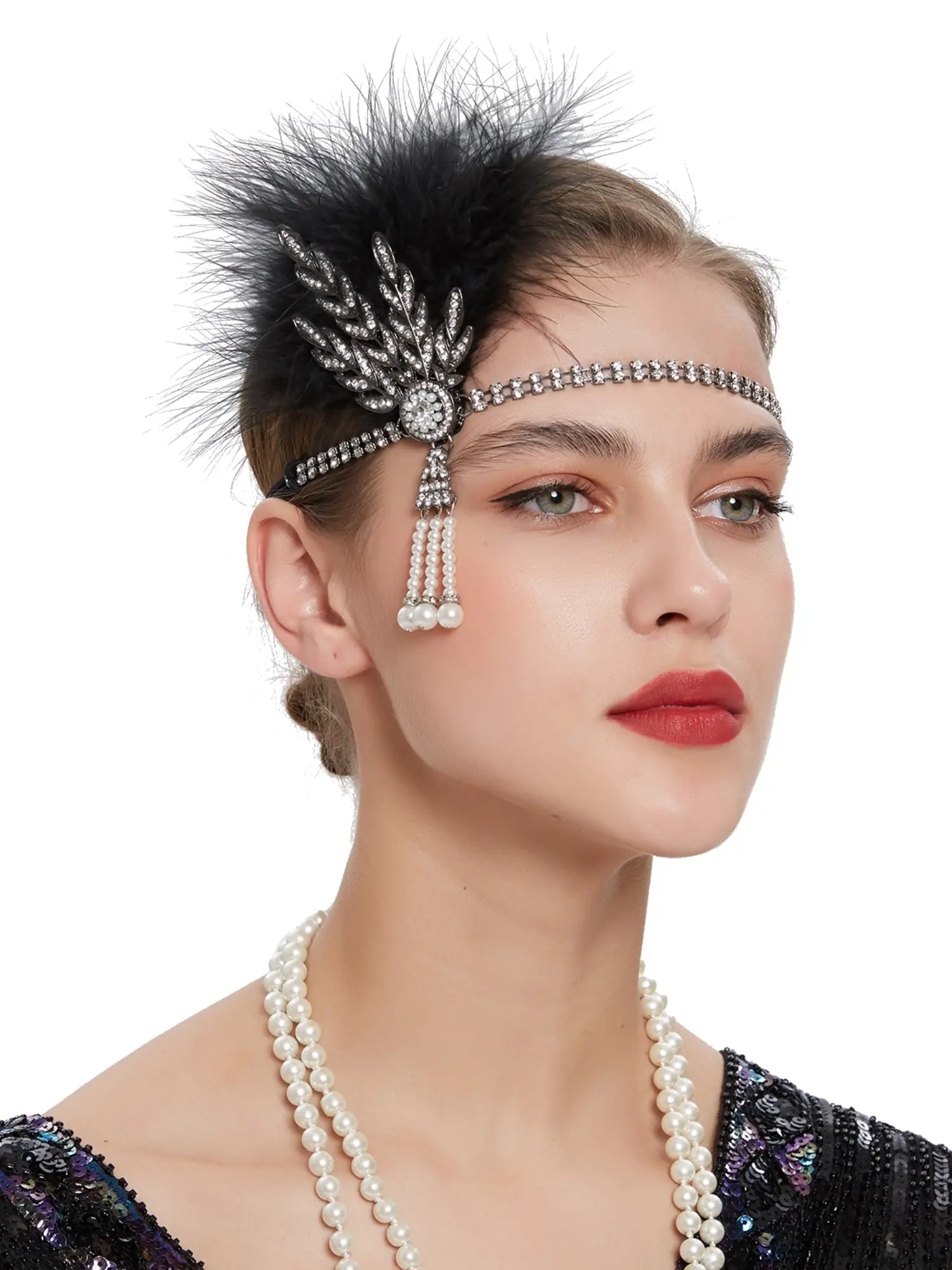 Flapper Headpiece Feather Crystal Rhinestones Gatsby 1920s Vintage Accessory Crystal Rhinestone Headband Headpiece, 1920s Flapper Gatsby  main image 3