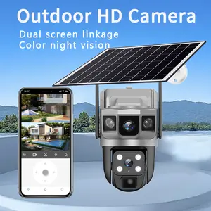 V380 Pro 3 Lens Wireless Solar Surveillance Camera HD 6 Megapixel Outdoor CCTV Night Vision Two-Way Audio Camera Motion Tracking 2.4GHz-WIFI Camera Ideal for Farms, Barns, Construction Sites, Warehouses, Ranches, Plantations Safety