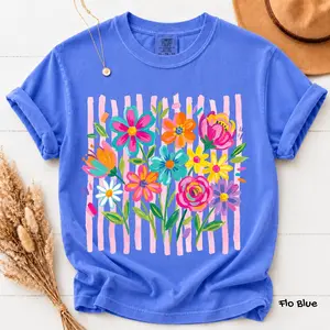 Comfort Colors Striped Boho Floral Shirt for Women, Comfort Colors Wildflower Graphic Tee, Preppy Summer Flower T-Shirt, Aesthetic Mama Top, Women's T-Shirt, gift for Him for Her Womenswear Top, Gift For Women, Cotton Fabric Tshirt