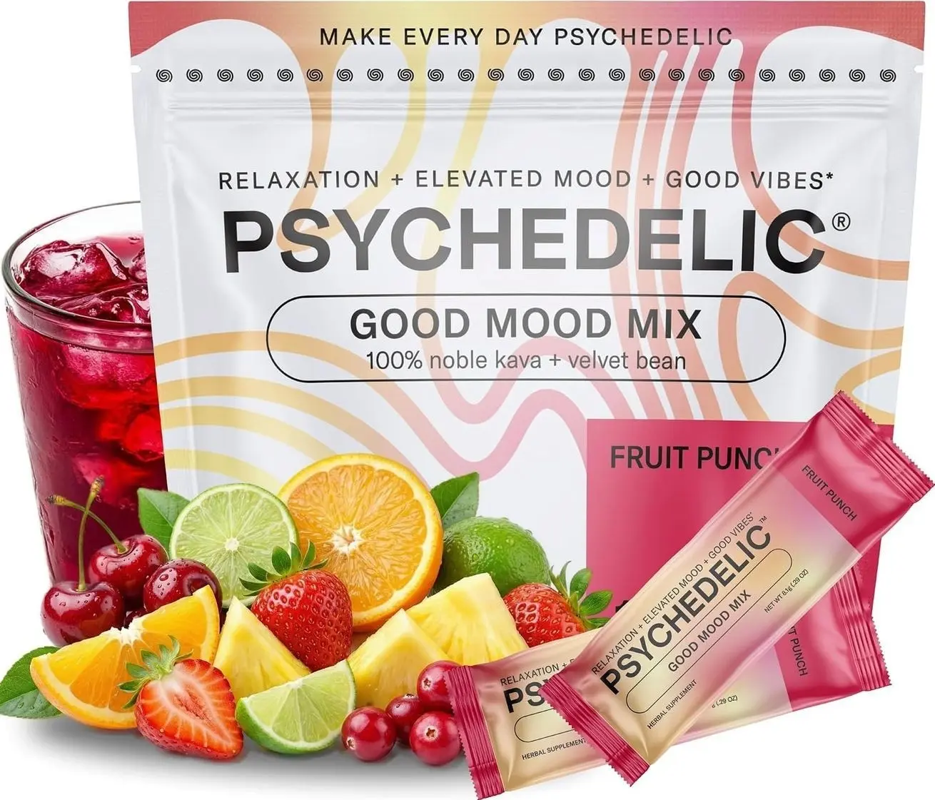 Psychedelic Water Good Mood Mix - Fruit Punch - Powder Packets - Calming Kava Drink Mix - Easy Open Single-Serving - Flavored Kava Powder - Mucuna Pruriens - Stevia - Adaptogen Drink Mix - 14 Stick