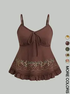 Women's Floral Embroidered Camisole Ruffled Hem Soft Stretchy Adjustable Spaghetti Strap Lace Trim Babydoll Top with Bee Sun Flower, Flexible Fit, Blouse Design, Tropical Vibe, Everyday, Coastal Style