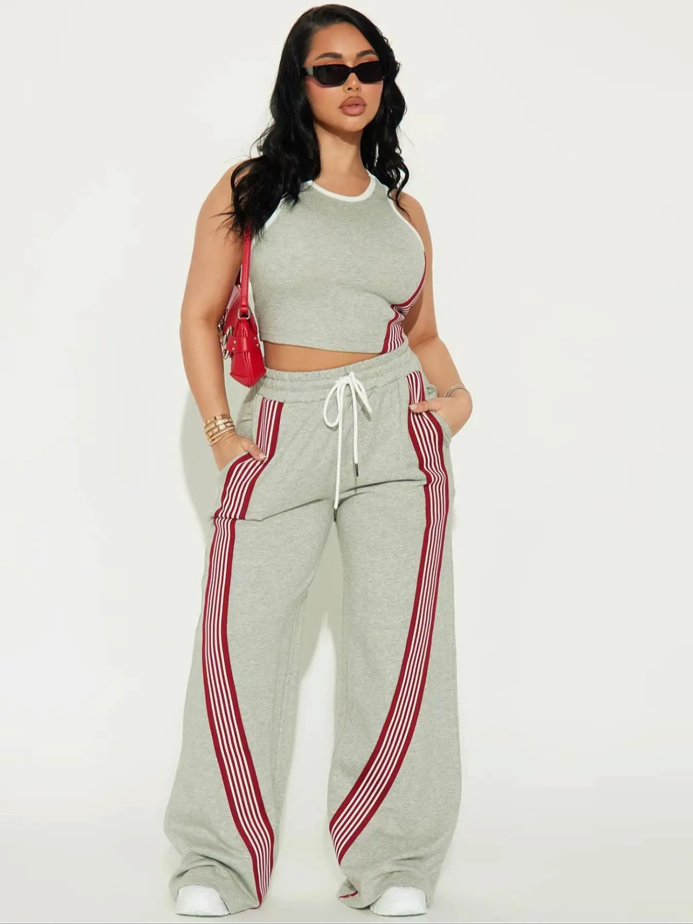 Two-piece Set Women's Striped Print Crop Tank Top & Wide Leg Pants, Casual Style Fit Sleeveless Top & Trousers for Everyday Wear, Ladies Summer Clothes Womenswear Cropped Top Set