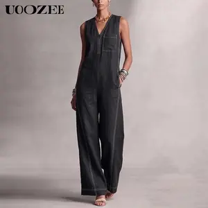 UOOZEE Women's 20226 Sleeveless Contrast Stitch Denim Wide Leg Jumpsuit, V-Neck Zip-Front Romper with Pockets, Size Up for Full Bust, Tall Length