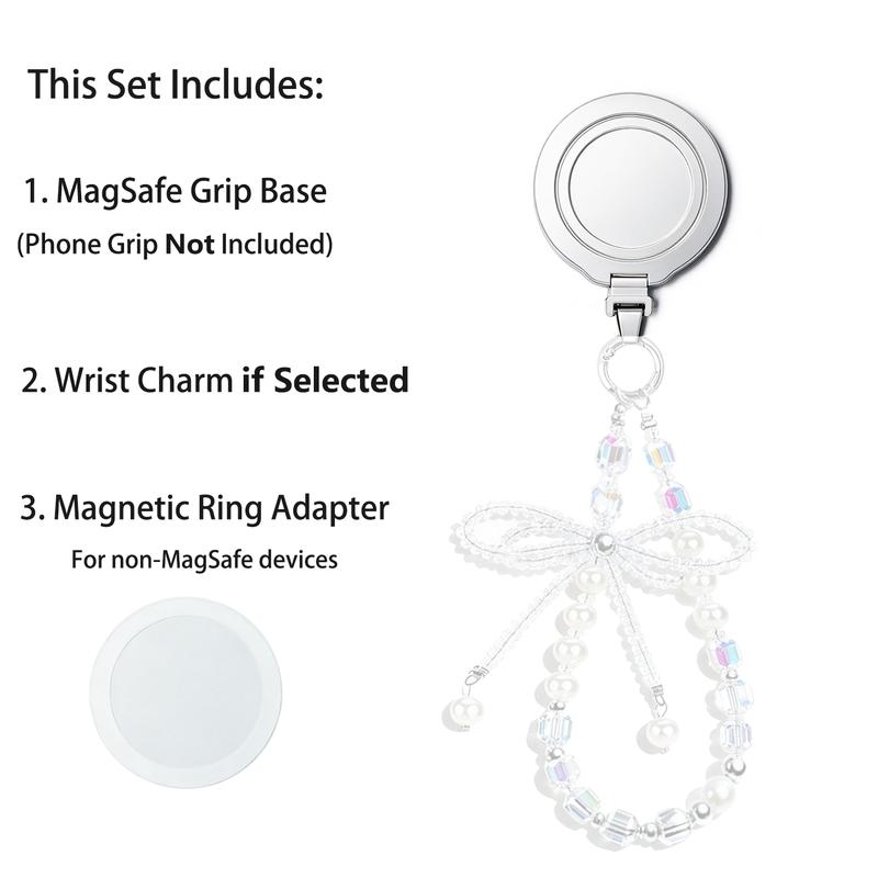 Magnetic Charm with Phone Grip Base for Kindle & Phone – Short Beaded Phone Chain, Anti-Theft Hands-Free Wrist Strap, Detachable Lanyard, Handmade Beaded Wrist Chain (Magnetic Ring Sticker Included for Non-MagSafe Devices)
