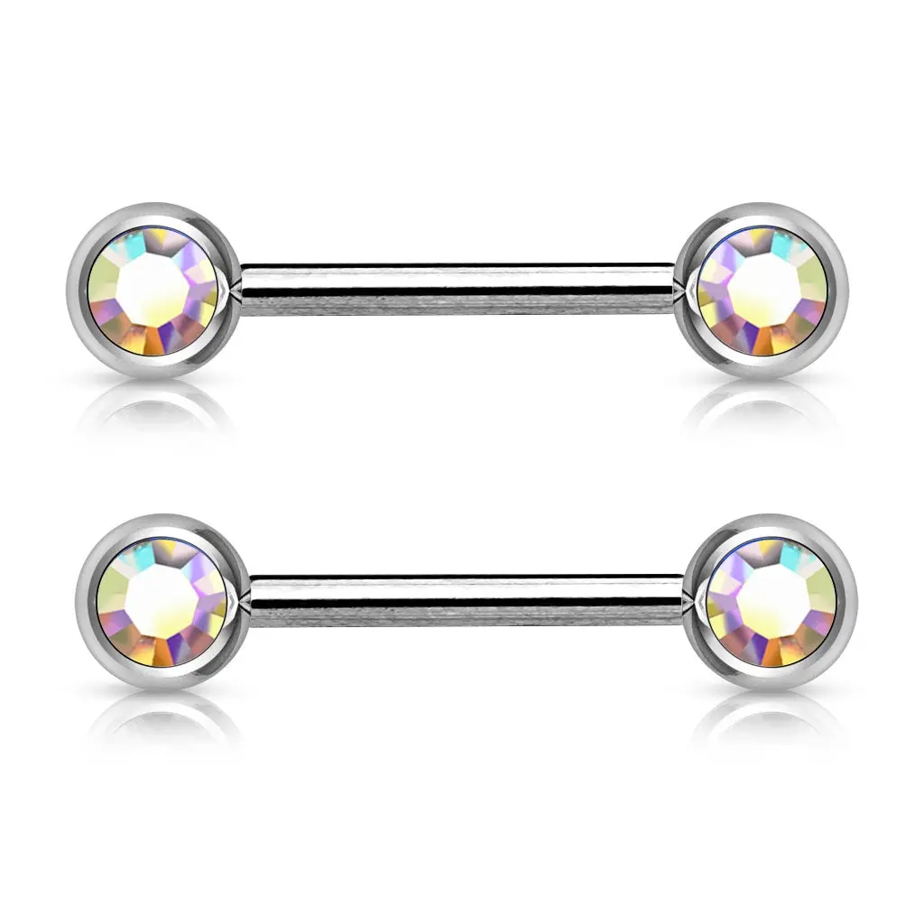Double Gemmed Front Facing Nipple Barbells - 316L Stainless Steel - Pair