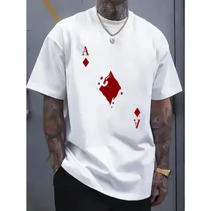 Men's cotton crew neck t-shirt with bold Ace of Spades graphic print, regular fit stretch knit fabric, white casual short sleeve top