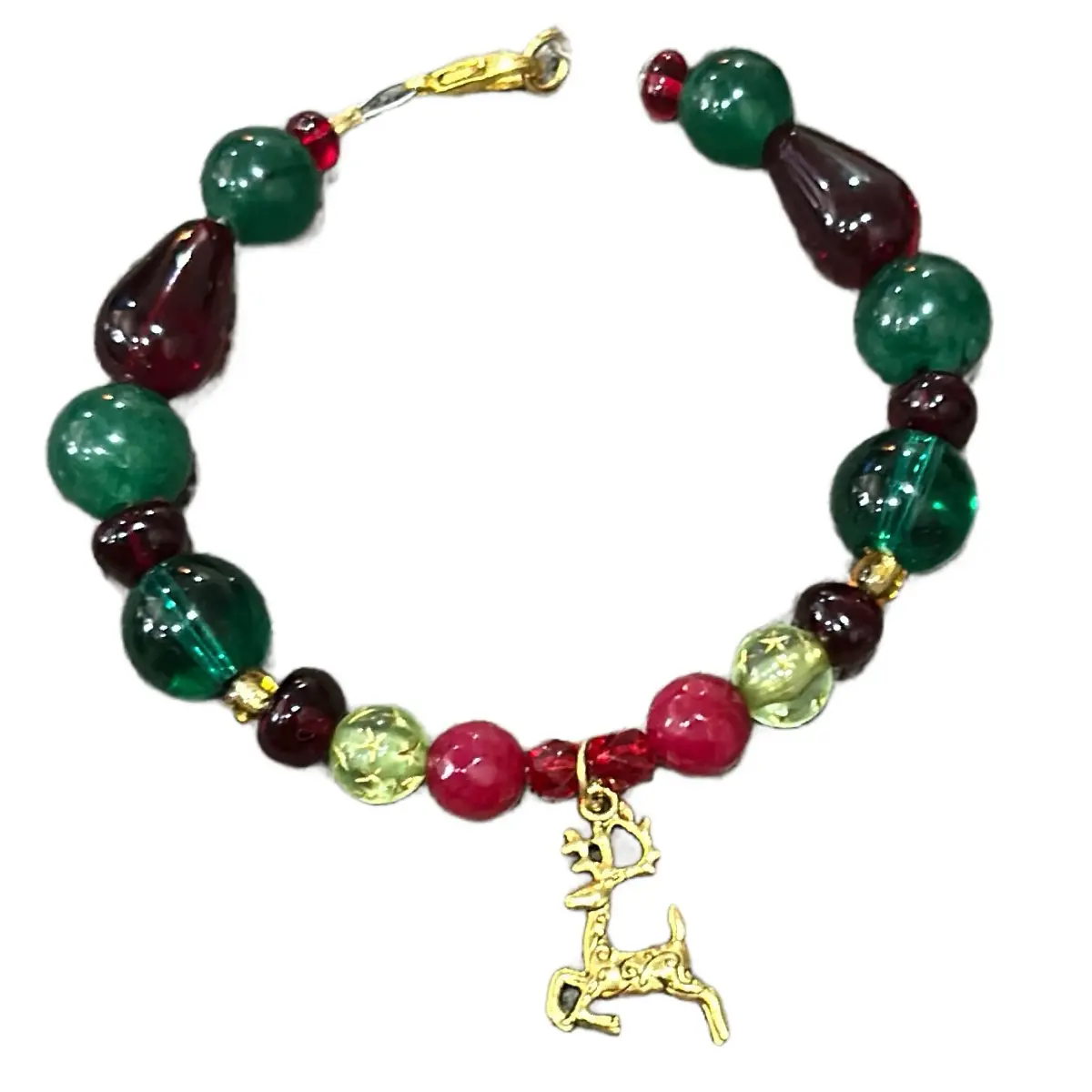 Handmade Beaded Christmas Bracelet with Gold Reindeer Charm for Women