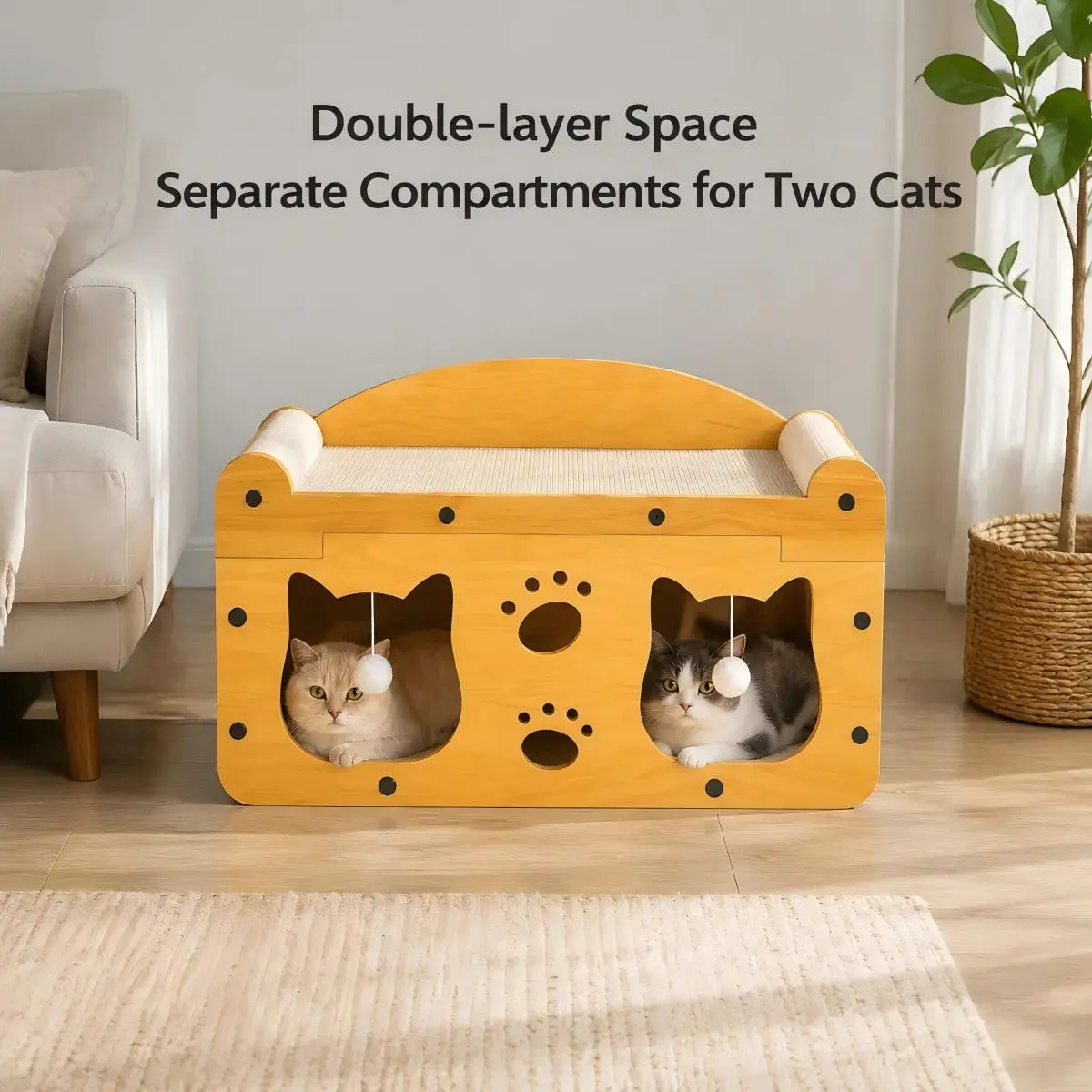 Wooden Cat House - 2 Private Dens, Rooftop Scratcher, Interactive Balls (Cat Furniture, Pet Supplies)
